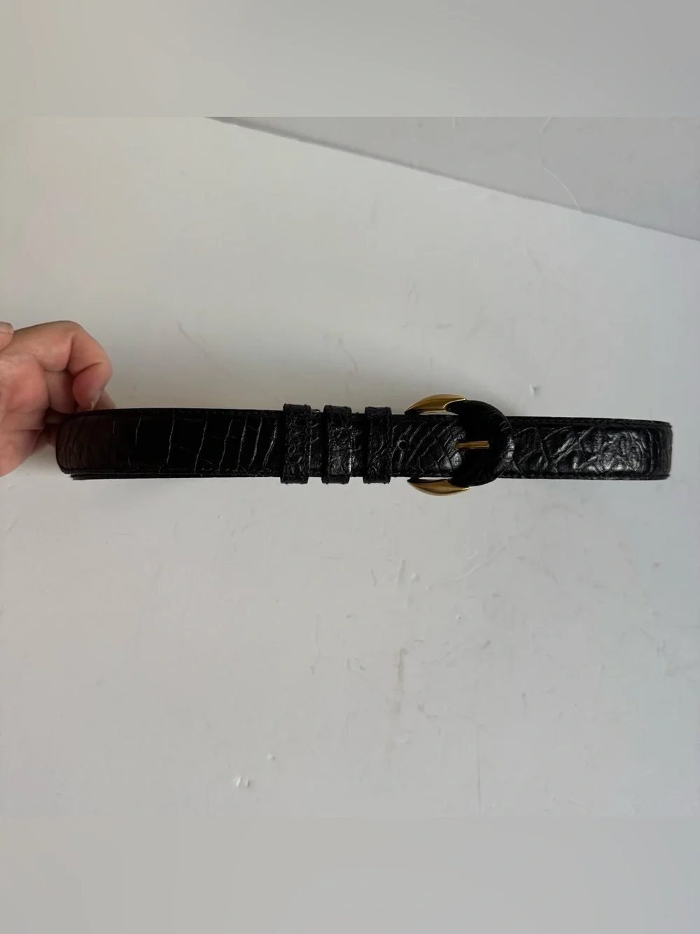 Vtg Pellateri Black Croc Embossed Leather Belt Women's M Made in Italy Classic